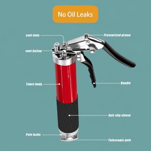 Grease Gun Kit with Quick Release Coupler,Professional 9000 PSI 14oz Heavy Duty. Leak-Proof Greese Gun with 1 Spring Flex Hose,2 Hose,1 Sharp Nozzle,1 Lock Coupler,1 Rigid Pipe