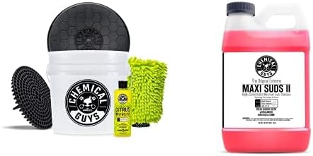 Chemical Guys CWS_101_64BK Car Wash Detailing Bucket, Mitt & Accessories Bundle (6 Items) Featuring Maxi-Suds II Foaming Car Wash Soap 64 oz (.5 Gal) Cherry Scent - Works on Cars, Trucks, SUVs, & More