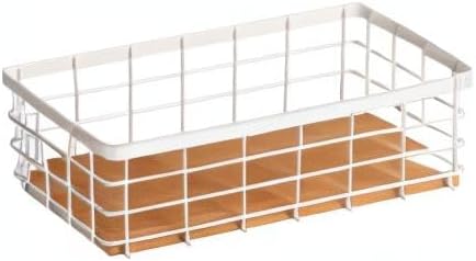 TIEYIPIN Small Metal Wire Storage Basket, Detachable Wood Base Storage Organizer Bin Basket for Kitchen Cabinets, Bathroom, Pantry, Garage, Laundry Room (Cream White, 4 Pack)