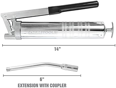 OEMTOOLS 87202 Heavy Duty Dual Pressure Lever Action Grease Gun, 6" Grease Coupler, Grease Gun Kit, Manual Grease Guns, Heavy Duty Cordless Grease Gun