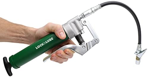 LockNLube Mini Grease Gun Kit. Includes Our Patented Grease Coupler (Locks on, Stays on, Won't Leak!) Plus a 12 Hose and in-line Hose Swivel.