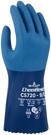 SHOWA CS720 Double Coated Nitrile Chemical Resistant Safety Gloves with Poly Liner, Food Safe, for Vending Machines, 12" Length, Large (12 Pair)