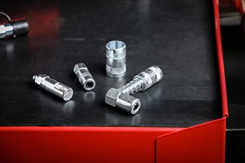 ARES 54018 – 3-Piece Grease Gun 90-Degree Adapter and Coupler Set – Includes 90-Degree Quick Connect and Quick Connect Slide-On Style Adapters – Plus Bonus Heavy Duty Grease Coupler