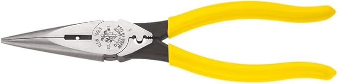 Klein Tools D203-8NCR Long Nose Side-Cutter Strip/Crimp Pliers, Induction Hardened and Heavier For Increased Cutting Power, 8-Inch