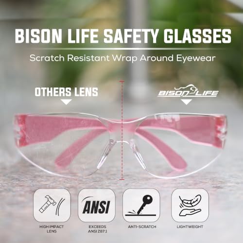 BISON LIFE Clear/Pink Safety Glasses for Men & Women, ANSI Z87.1, 6 Pack
