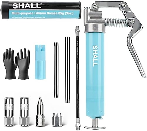 SHALL Mini Grease Gun Kit (3.52OZ, 3000PSI) with Accessories: 2x 4-Jaw Couplers, Sharp Nozzle, Extension Adapter, 3OZ Grease, Reinforced Glove & Cleaner