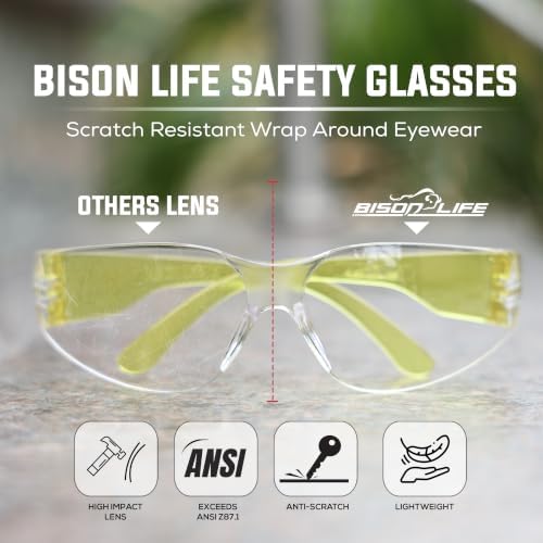 BISON LIFE Clear/Yellow Safety Glasses for Men & Women, ANSI Z87.1, 6 Pack