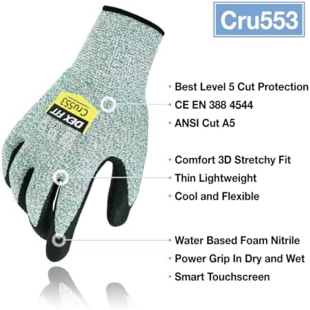 DEX FIT Level 5 Cut Resistant Gloves Cru553 Anti-Static, 3D Comfort Fit A5 Safety Work Gloves with Grip, Thin Touchscreen Gloves for Warehouse, Package Handling, Green, XL, 1 Pair