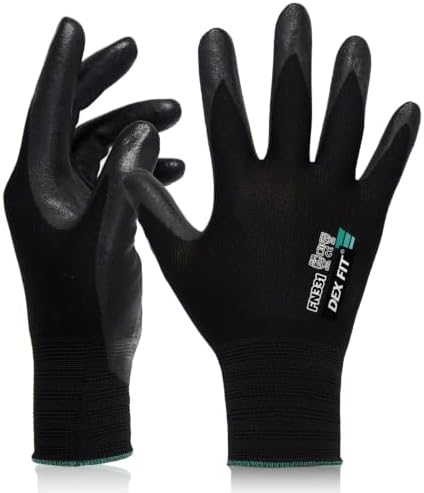 DEX FIT Premium Work Gloves FN331, Thin Nitrile Grip, Black, S, 1 Pair
