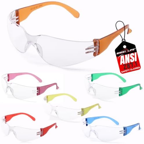 BISON LIFE Clear/Color Safety Glasses for Men & Women ANSI Z87.1, 6 Pack