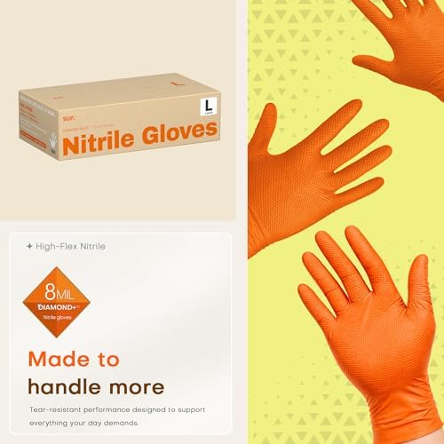 SUPER+ HEAVY DUTY Nitrile Gloves 8 Mil Diamond Texture Disposable Chemical Resistant Powder &Latex Free Food Safe Orange 50Ct