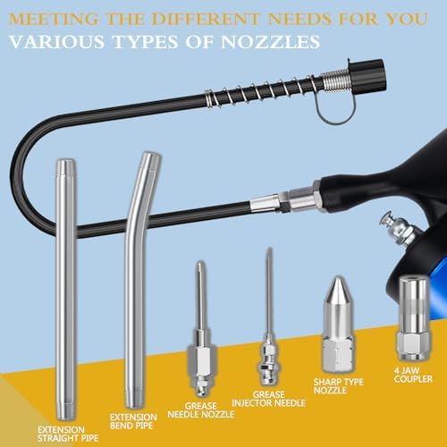 Pneumatic Grease Gun Kit 6000 PSI Heavy Duty 14 OZ Pistol Grip Grease Guns with 19" & 28" Spring Flex Hose,Quick Release Coupler,90 Degree Adapter,2 Needle Tips,2 Nozzles,2 Extension Tubes