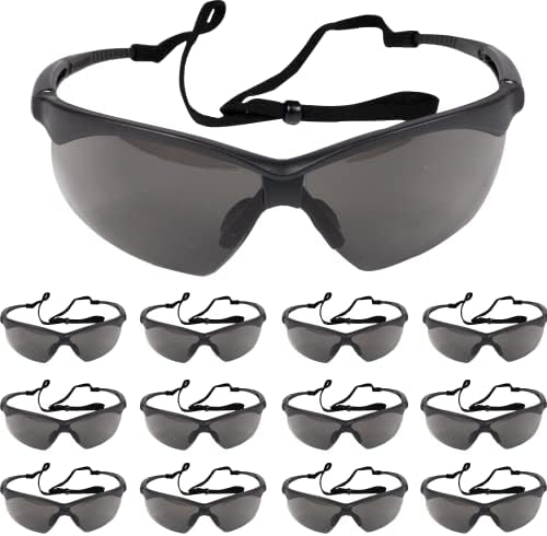 ATERET Rival Safety Glasses - Clear, Hard Coated, Rubber Temples Nose Piece - Suitable for Nurses Mechanic Electrician Construction, Laboratory Safety Protection (12 Pairs, Grey/Rival)