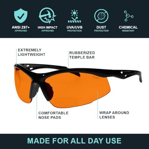 Bifocal Safety Glasses - Safety Lenses with Readers for Healthcare, Woodworkers, Motorcyclists, Workshop - Ansi Z87+