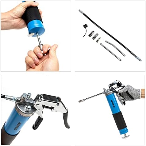 Neiko 12011A Grease Gun, Heavy Duty Pistol Grip Greaser, 6000 PSI, Grease Gun Hose 18 inch, Grease Gun with Zerk Fitting, 6” Straight Extension & 5.5” Bend Ext, Grease Not Included.