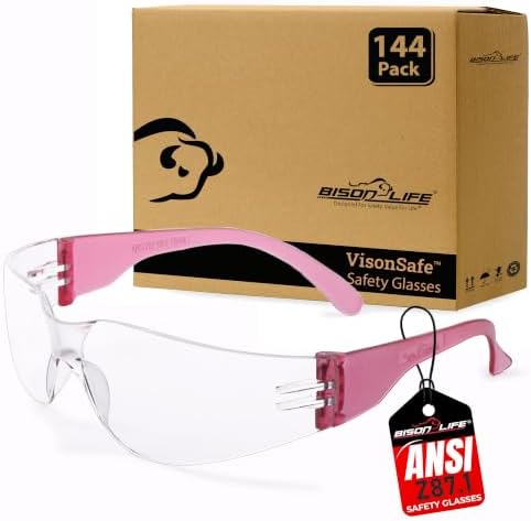 BISON LIFE Clear/Pink Safety Glasses for Men & Women, ANSI Z87.1, 144 Pack