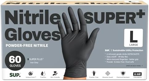 SUPER+ Black Nitrile Gloves HEAVY DUTY 6 Mil Disposable Chemical Resistant Powder & Latex Free Medical Food Safe, 60/600 Ct