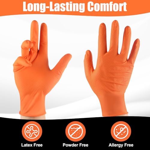 TREEGO 10 Mil Heavy Duty Orange Nitrile Mechanic Gloves, 50 Count L