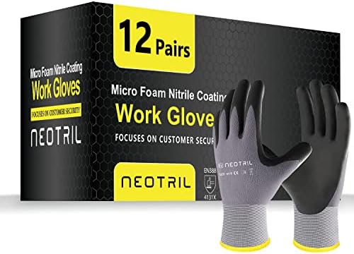 NEOTRIL Safety Work Gloves MicroFoam Nitrile Coated-3/6/12/36 Pairs,Breathable Nylon Working Gloves for Men Women