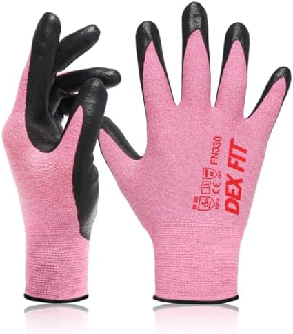 DEX FIT Nitrile Work Gloves FN330, 3D Comfort Fit, Touchscreen Grip Gloves for Warehouse, Construction, Package Handling, Delivery & General Work, Men & Women, Pink, XL, 3 Pairs