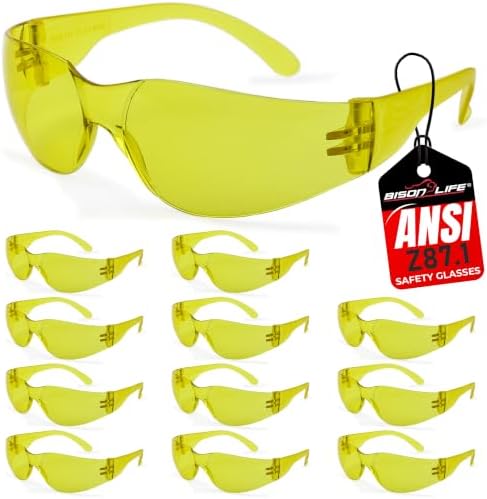 BISON LIFE Yellow Safety Glasses for Men & Women, ANSI Z87.1, 12 Pack