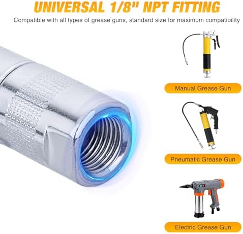 GOOACC Grease Gun Coupler Quick Locking Grease Gun Tips Sturdy Steel 8000 PSI Grease Gun Fittings Fits All 1/8" NPT Threads SAE Metric Zerk Fittings for Automotive Car Ship Machinery Truck Farm, 2 PCS