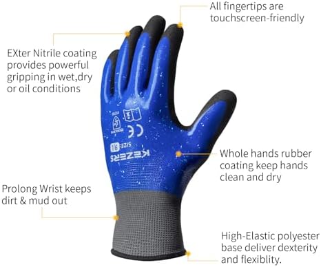 KEZERS Waterproof Work Gloves,12 Pairs Nitrile Coated Gloves for Men & Women,Non-slip Working Gloves for Garden Outdoor