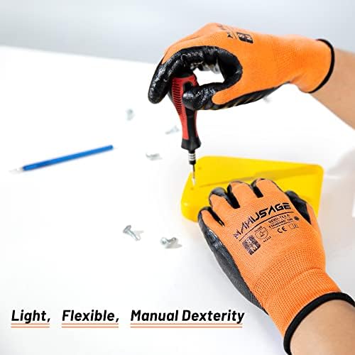 MANUSAGE Safety Work Gloves for Men and Women - Nitrile With Touchscreen Fingers and Grip - Mechanics Gloves (Size XL, Orange, 6-Pairs)