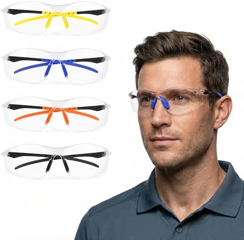 4 Pack Safety Glasses for Men and Women, ANSI Z87.1 Certified, Clear Scratch & Impact Resistant Lenses with UV Protection, Soft Silicone Nose Pads, 4 Color Temples Protective Eyewear for Lab, Workshop