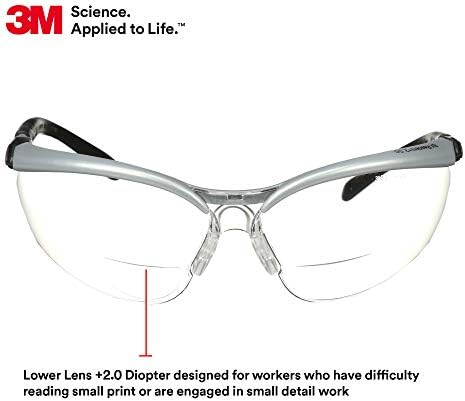 3M Safety Glasses, BX Readers, +2.0, Anti-Fog Clear Lens, Silver Frame