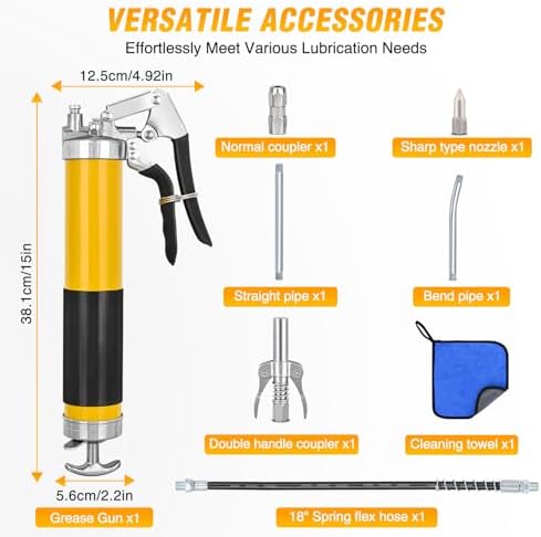 GOOACC Grease Gun Heavy Duty Pistol Grip Grease Gun Kit with Quick Release Coupler 18" Spring Flex Hose Nozzle Rigid Pipe, 8000PSI 14oz Grease Guns Tool for Automotive Farm Industrial Marine Equipment