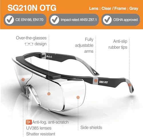 DEX FIT Safety Glasses SG210 Series - Anti-Fog & Scratch Resistant Z87.1 Certified, Adjustable Temples
