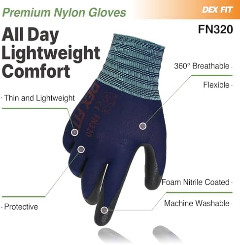 DEX FIT Premium Nylon Work Gloves FN320 - Firm Nitrile Grip, 3D-Comfort Stretchy Fit, Thin & Lightweight, Protective & Durable, Breathable, Machine Washable; Navy 9 (L) 12 Pairs