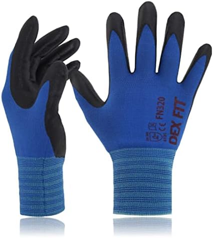 DEX FIT Premium Nylon Nitrile Work Gloves FN320, 3 Pairs, 3D-Comfort Stretchy Fit, Firm Grip, Thin & Lightweight, Durable, Breathable & Cool, Machine Washable; Blue 11 (XXL)