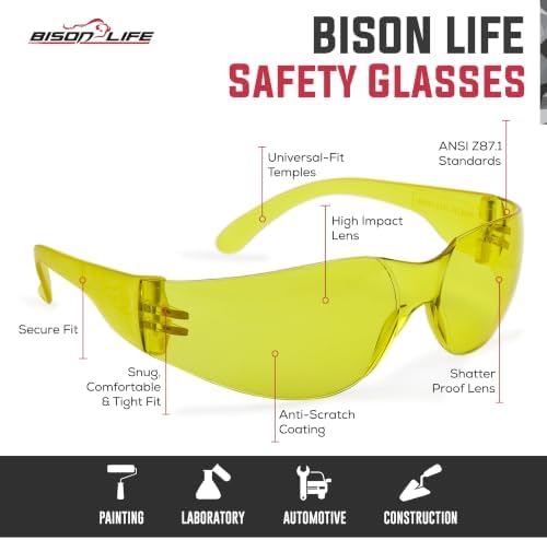 BISON LIFE Yellow Safety Glasses for Men & Women, Bulk, ANSI Z87.1, 6 Pack
