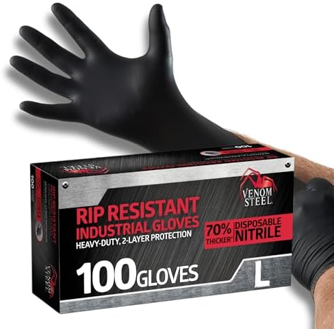 Venom Steel Industrial Nitrile Gloves, Chemical Resistant Disposable Black Gloves, Latex-Free, Powder-Free, Textured Grip, Heavy Duty Two-Layer Protection, 6 mil, Large, 100 Count