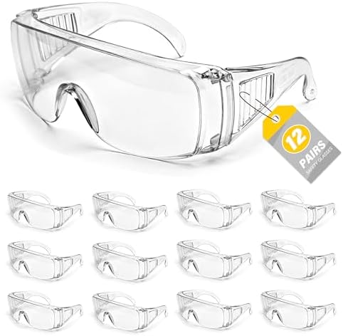 12 Pack Safety Glasses Over Eyeglasses, Anti Scratch Lenses and Integrated Side Shields Safety Goggles，Wrap Around Protective Eyewear for Lab Chemistry, Construction, Industrial work