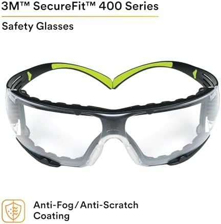 3M Safety Glasses, SecureFit 400, Clear Lens, Green/Black Frame,Foam Gasket