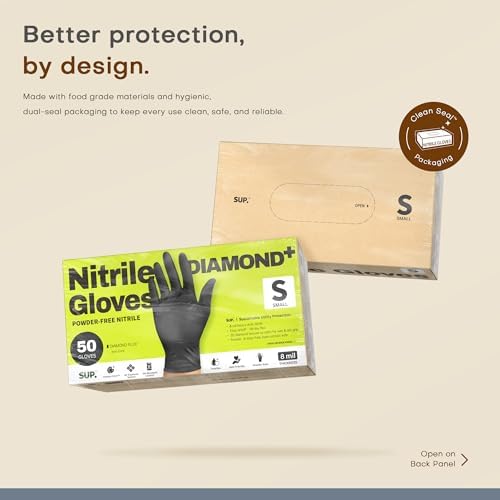 SUPER+ HEAVY DUTY Nitrile Gloves 8 Mil Diamond Texture Disposable Chemical Resistant Powder &Latex Free Food Safe Black 50 Ct
