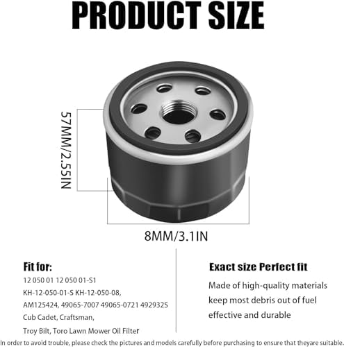 4PCS 12-050-01-S Oil Filter for 12 050 01 12 050 01-S1 KH-12-050-01-S KH-12-050-08, AM125424, 49065-7007 49065-0721 492932S Cub Cadet, Craftsman, Troy Bilt, Toro Lawn Mower Oil Filter