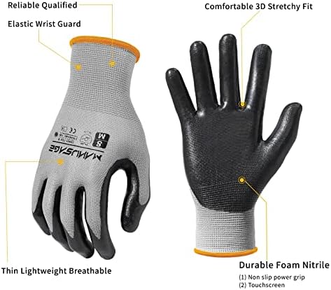 MANUSAGE Safety Work Gloves, Nitrile Work Gloves For Men and Women, Work Gloves With Touchscreen Fingers, Work Gloves men, Men's work gloves with grip,mechanics gloves (Size-L, Grey, 6 Pairs)