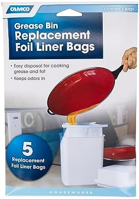 Camco Replacement Grease Storage Bags - Easily Contain and Dispose Used Cooking Grease, Foil Lined Bags Seal in Odor, Prevent Drain Clogs - 5 Count (42285), White, (Pack of 6)