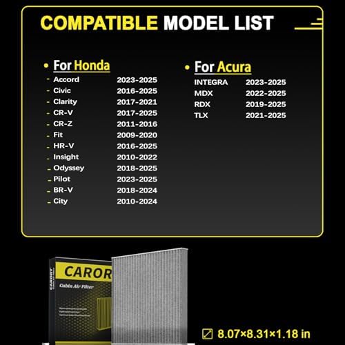 Cabin Air Filter w/Activated Carbon for Honda 2017–2025 CR-V, 2016–2025 Civic, 2009–2020 Fit, 2016–2025 HR-V, 2018–2025 Odyssey, 2010–2022 Insight, 2019–2025 RDX, 2022–2025 MDX, and More, CF182
