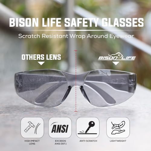 BISON LIFE Gray Safety Glasses for Men & Women, ANSI Z87.1, 6 Pack