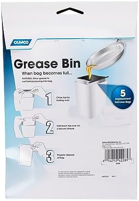 Camco Replacement Grease Storage Bags - Easily Contain and Dispose Used Cooking Grease, Foil Lined Bags Seal in Odor, Prevent Drain Clogs - 5 Count (42285), White, (Pack of 6)