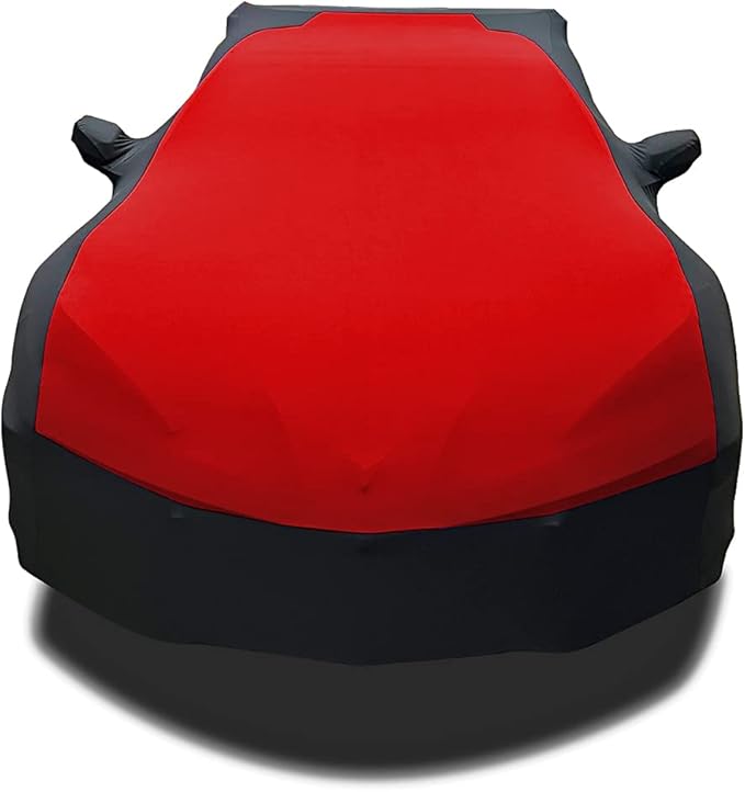 SR1 Performance USA C8 Corvette Indoor Car Cover – Custom Fit Stretch Satin Ultraguard, Soft Paint Protection Against Dust & Scratches for 2020–2026 Stingray, Z51, Z06, E-Ray (Red/Black)