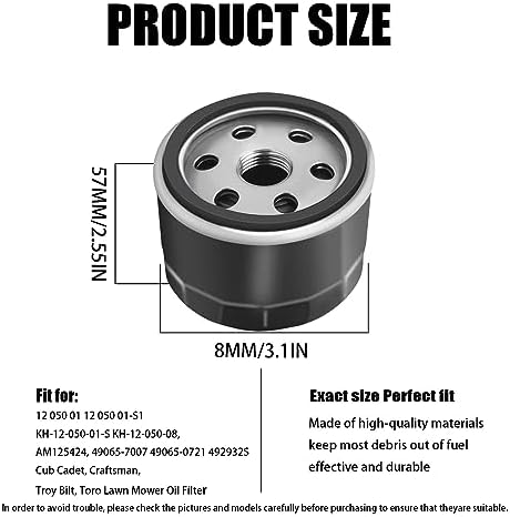 12-050-01-S Oil Filter for 12 050 01 12 050 01-S1 KH-12-050-01-S KH-12-050-08, AM125424, 49065-7007 49065-0721 492932S Cub Cadet, Craftsman, Troy Bilt, Toro Lawn Mower Oil Filter