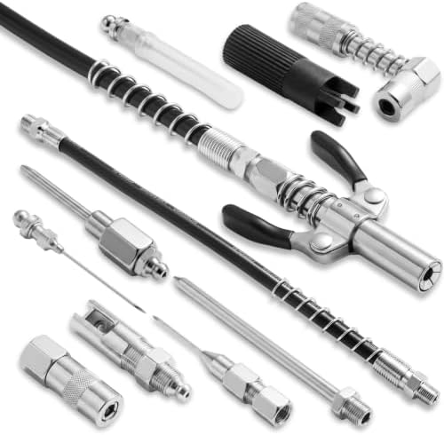 10PCS Grease Gun Accessory Kit, Universal 1/8 NPT Coupler with 12 Inch Hose, Fine & Coarse Needles, 90 Degree Adapter, Dispenser Tip for Automotive Industrial Lubrication