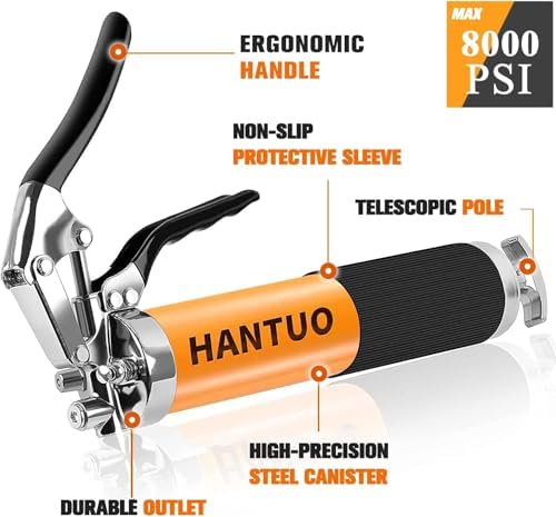 Grease Gun Kit, 8000 PSI Heavy Duty Pistol Grip Grease Gun with 14 OZ Capacity, Includes 90° Grease Adaptor & 0.53" Grease Coupler, Grease Guns for Automotive, Agricultral, Industrial, Marine
