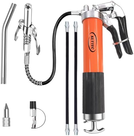Grease Gun Kit with Quick Release Coupler,Professional 9000 PSI 14oz Heavy Duty. Leak-Proof Greese Gun with 1 Spring Flex Hose,2 Hose,1 Sharp Nozzle,1 Lock Coupler,1 Rigid Pipe